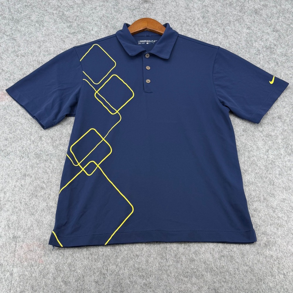 Nike Golf Mens Dri-FIT Polo Shirt Navy Blue Yellow Diamond Graphic Small